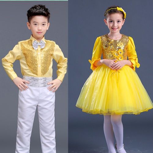 儿童大合唱男女童朗诵演出服装小学生黄色公主裙中大童少儿合唱团