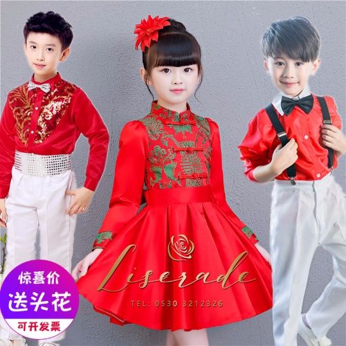 兒童元旦紅色喜慶演出服唐裝男女童中國風詩歌朗誦大合唱團體服裝