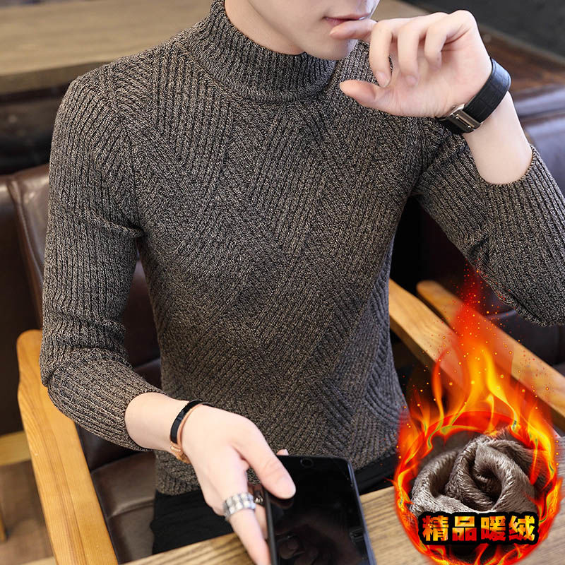 Winter men's sweater Korean version slim fit thickened Plush sweater youth half high collar sweater men's bottom coat