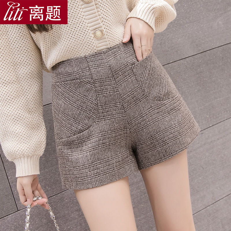 Korean high waist retro Plaid Wool shorts for women's new chic style in autumn and winter