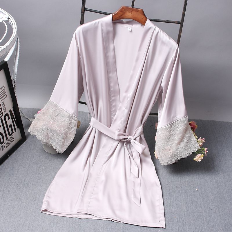 Spring and autumn women sexy medium sleeve lace silk nightgown sauna bathhouse leisure large size bathrobe home clothes new summer