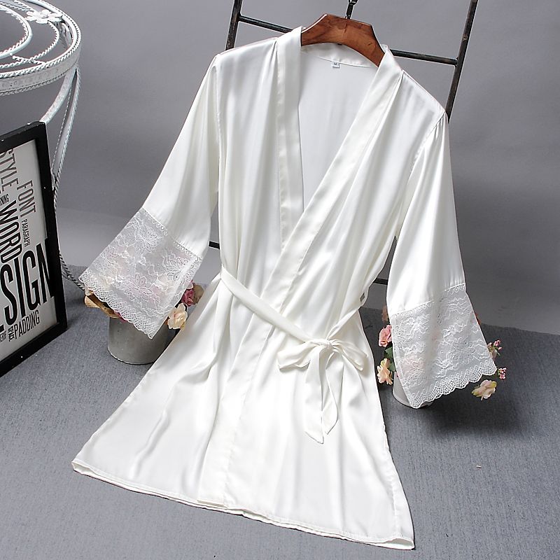 Spring and autumn women sexy medium sleeve lace silk nightgown sauna bathhouse leisure large size bathrobe home clothes new summer