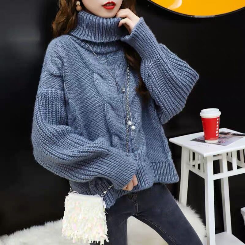 Thickened turtleneck sweater women's pullover autumn and winter 2021 new loose twist thick wool short lazy top coat