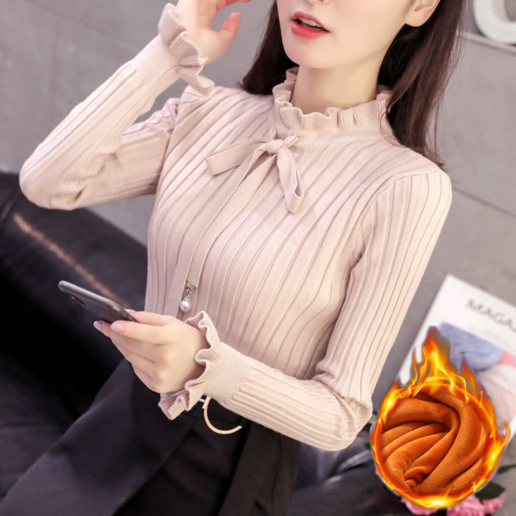 Bow new plush knitwear women's autumn winter Korean long sleeve slim Pullover Sweater with wooden ears