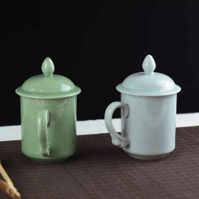 龙泉青瓷大号陶瓷茶杯带盖办公茶杯水杯绿茶纯色将军杯