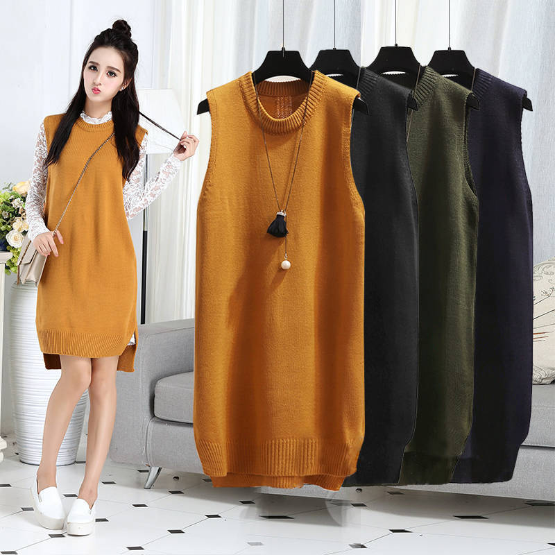 Sleeveless sweater loose knit shirt waistcoat versatile medium length Korean round neck Pullover vest skirt waistcoat jacket woman