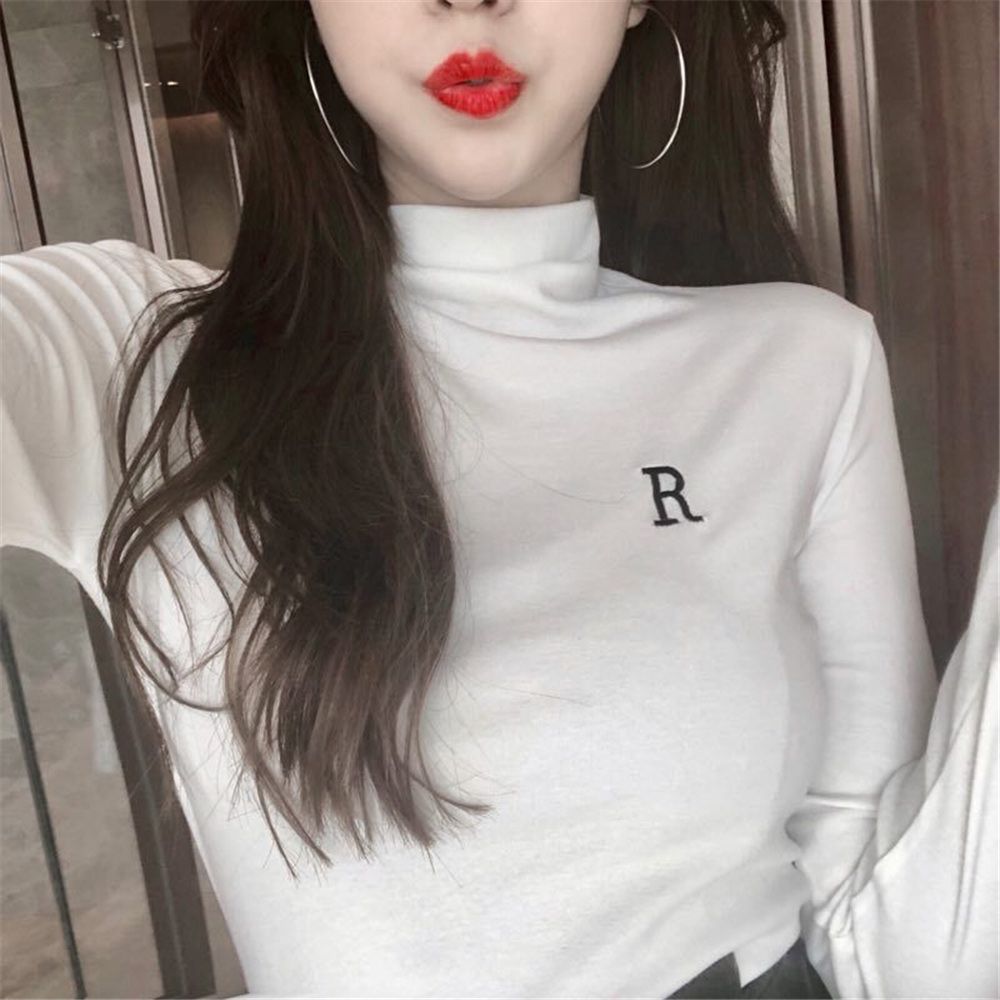 Ins Korean autumn top women's trendy slim long-sleeved women's t-shirt winter students' half-high collar bottoming shirt spring