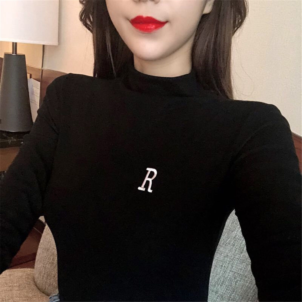 Ins Korean autumn top women's trendy slim long-sleeved women's t-shirt winter students' half-high collar bottoming shirt spring