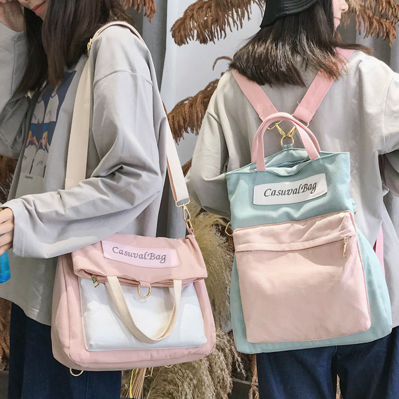 Ins personality lazy wind splicing canvas bag multi-purpose double shoulder bag female messenger bag Student Korean schoolbag women's single shoulder