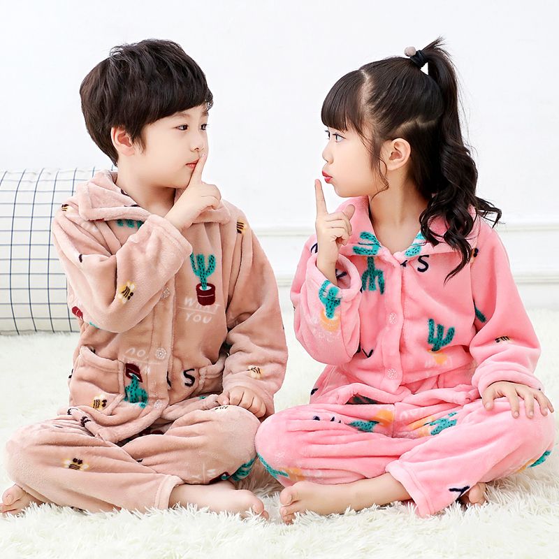 Children's pajamas flannel autumn and winter middle and large children's thickened boys and girls long sleeve baby coral fleece home wear set