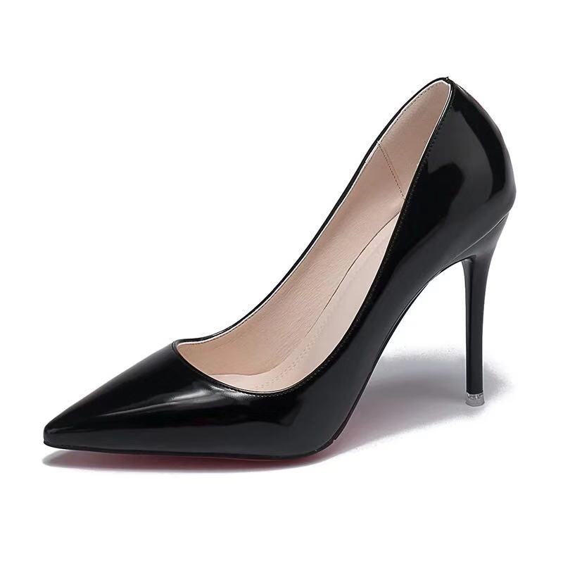 2019 spring 10cm nude color pointed high-heeled shoes stiletto women's single shoes black mid-heel shallow mouth work shoes red wedding shoes