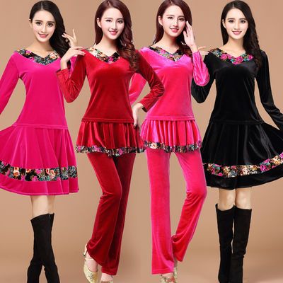 103434/金丝绒广场舞服装套装春秋2018女成人舞蹈服跳舞服装裙子演出新款
