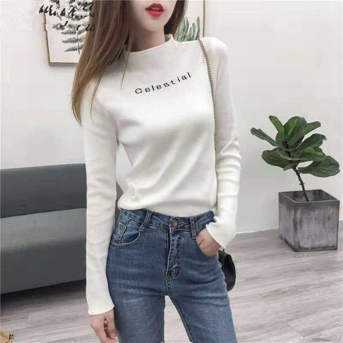 Ins Korean autumn top women's trendy slim long-sleeved women's t-shirt winter students' half-high collar bottoming shirt spring