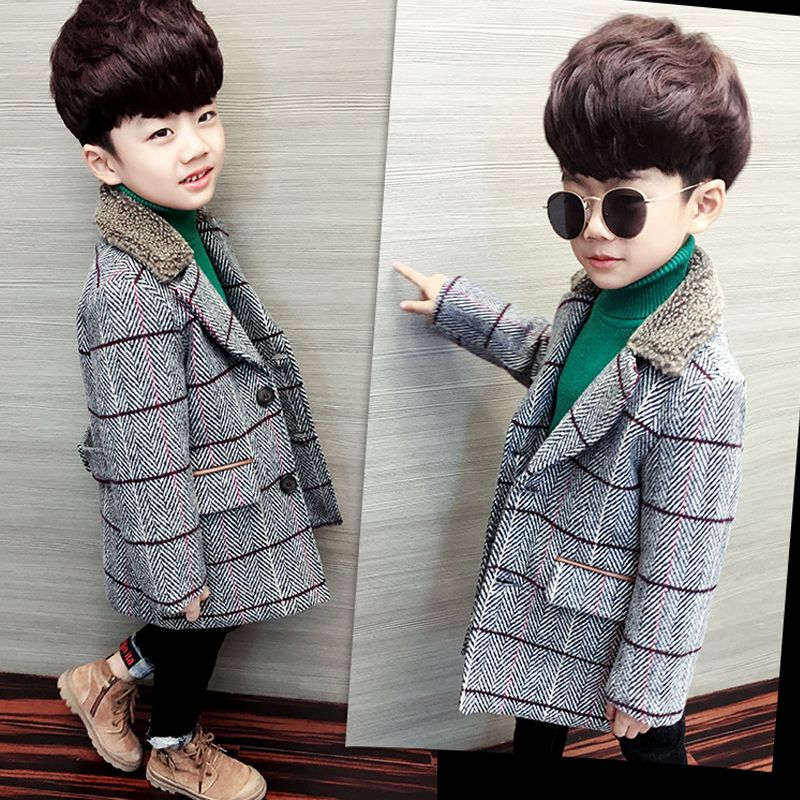 Boys' tweed coat medium long Plush thick coat autumn winter 2020 new Korean children's wear children's woolen coat