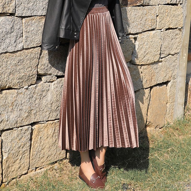 Golden velvet pleated skirt mid length women's autumn winter 2020 new Korean high waist organ pleated skirt pleated skirt