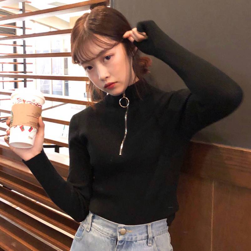 Spring and autumn fashion new round zipper top high collar slim slim slim long sleeve bottoming T-shirt for women