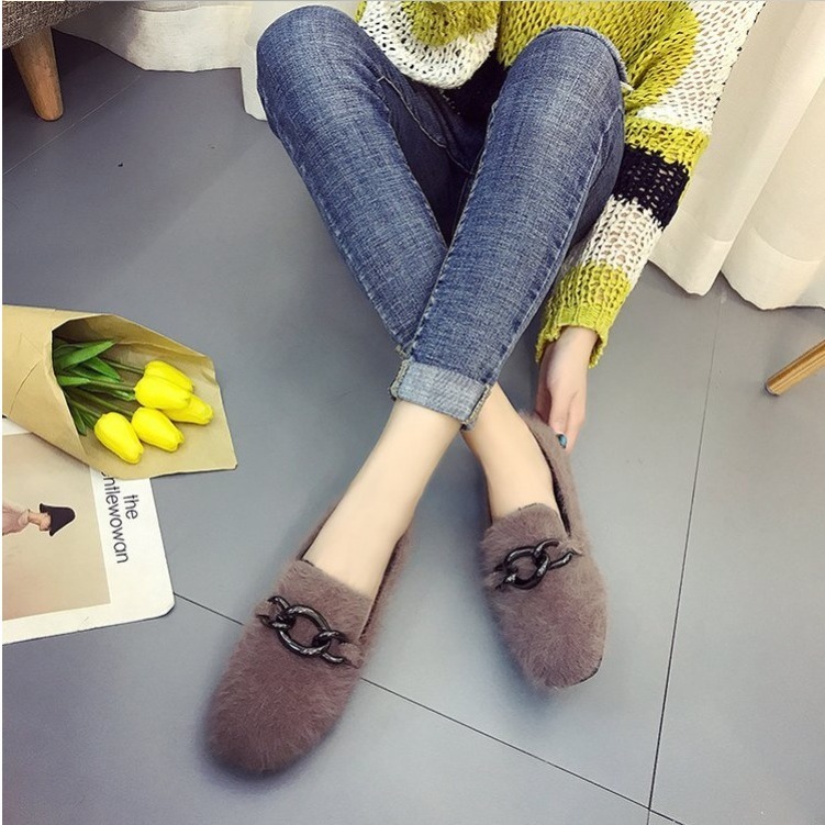 2021 plush shoes for women in autumn and winter with square head and flat sole