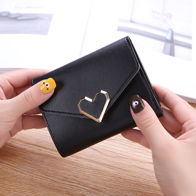 新款钱包女短款学生韩版三折金属爱心搭扣简约薄款迷你手拿包