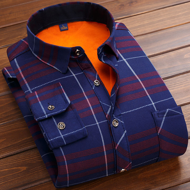 Warm shirt men's Plush thickened men's casual printing business long sleeve slim Korean autumn and winter Plaid Shirt