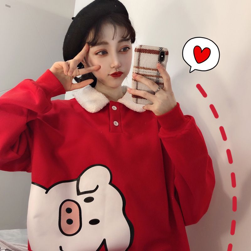 Early spring Korean loose new year red cartoon pig Plush Lapel Plush thickened Pullover red sweater coat female