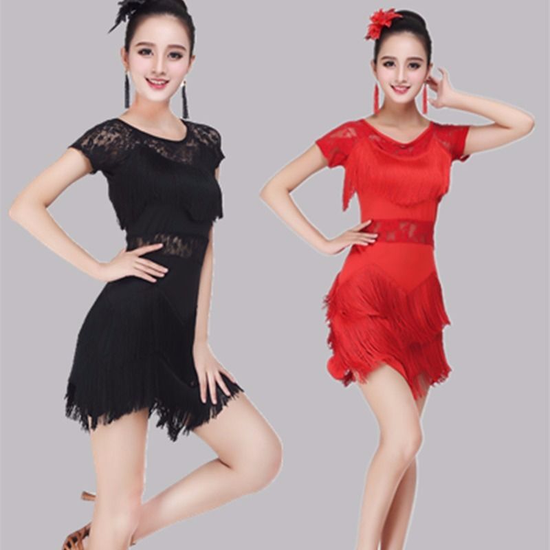 新款拉丁舞服装女成人演出服连衣裙斜肩短袖流苏裙舞蹈服装练功服