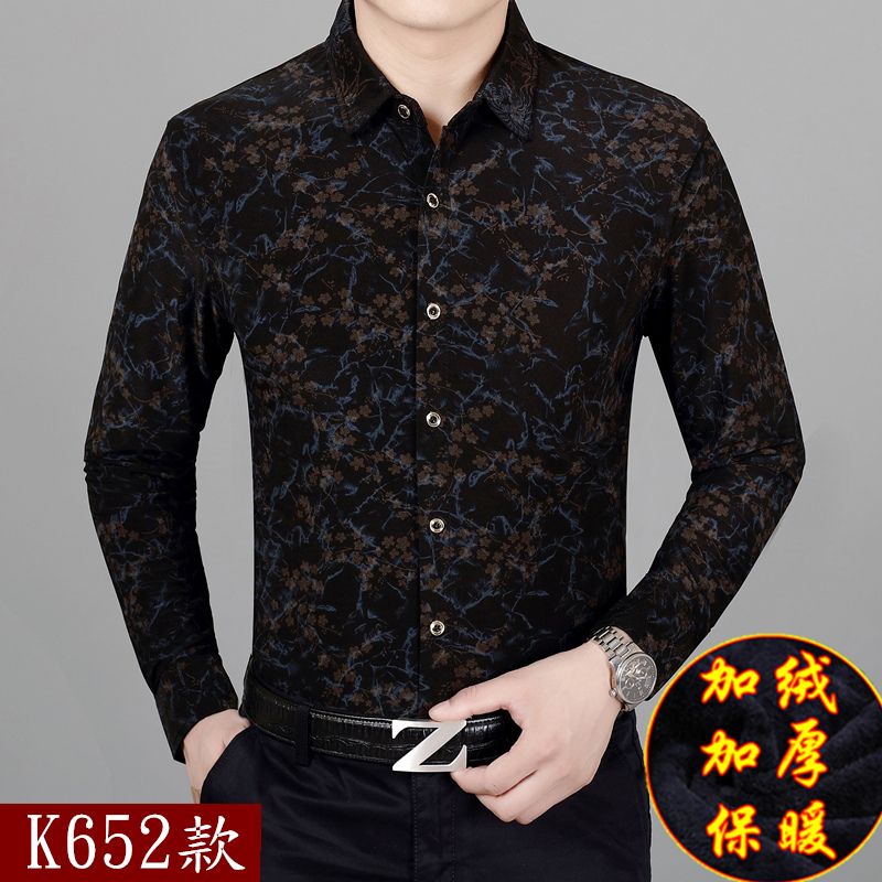 88609-秋冬季保暖衬衫男加绒加厚中年宽松休闲爸爸装免烫印花花色衬衣潮-详情图