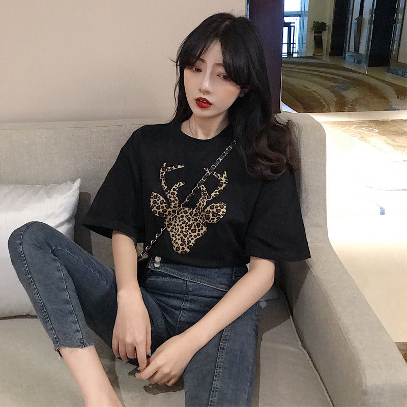Hong Kong Style Pullover student short sleeve T-shirt women's spring and summer versatile loose printed bottoming Shirt Large Size Top Women's small lining B