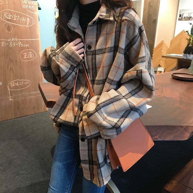 Spring and autumn new woolen Plaid Shirt women's Korean version versatile Lapel long sleeve shirt loose top student winter
