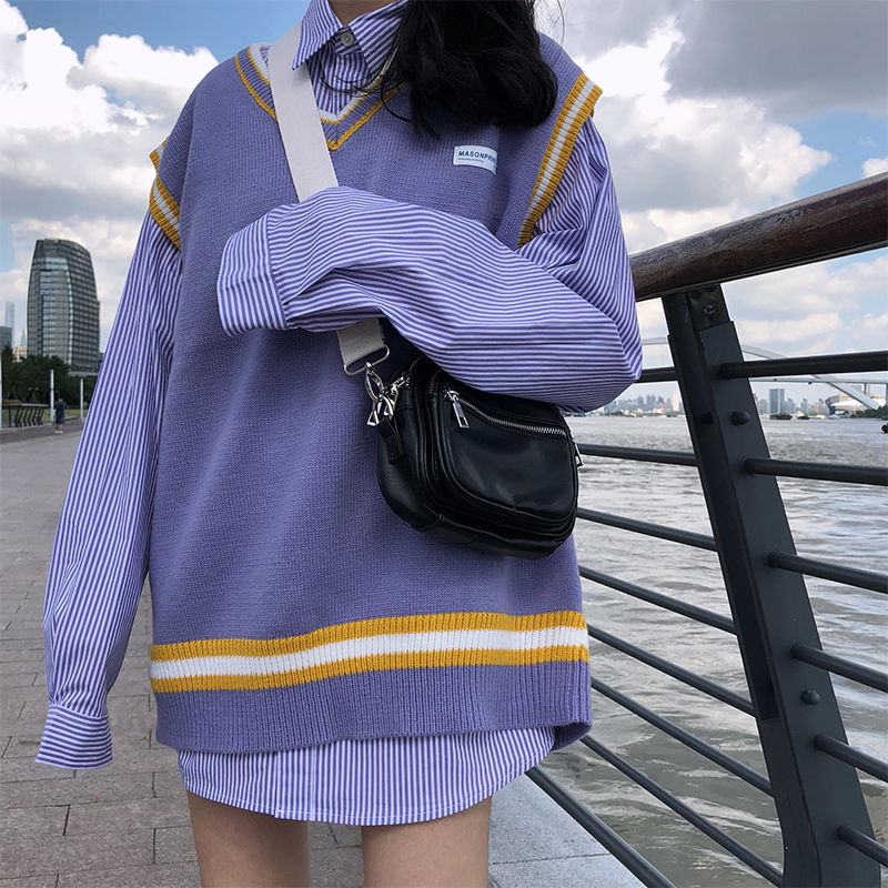 Korean fashion casual spring suit color contrast V-neck knitwear Vest + striped shirt women's two piece set