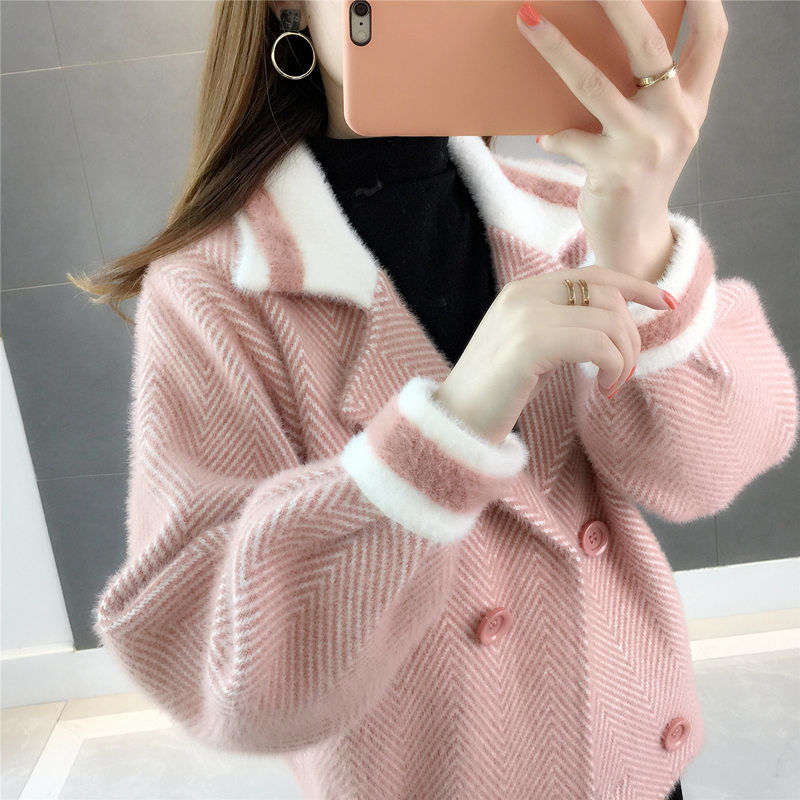 2022秋季新款仿水貂絨外套女短款網紅超火毛衣小開衫女加厚寬鬆潮