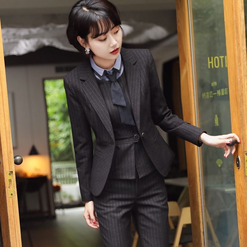 條紋西裝套裝女西服商務正裝工作服面試裝OL長袖職業套裝工裝新款
