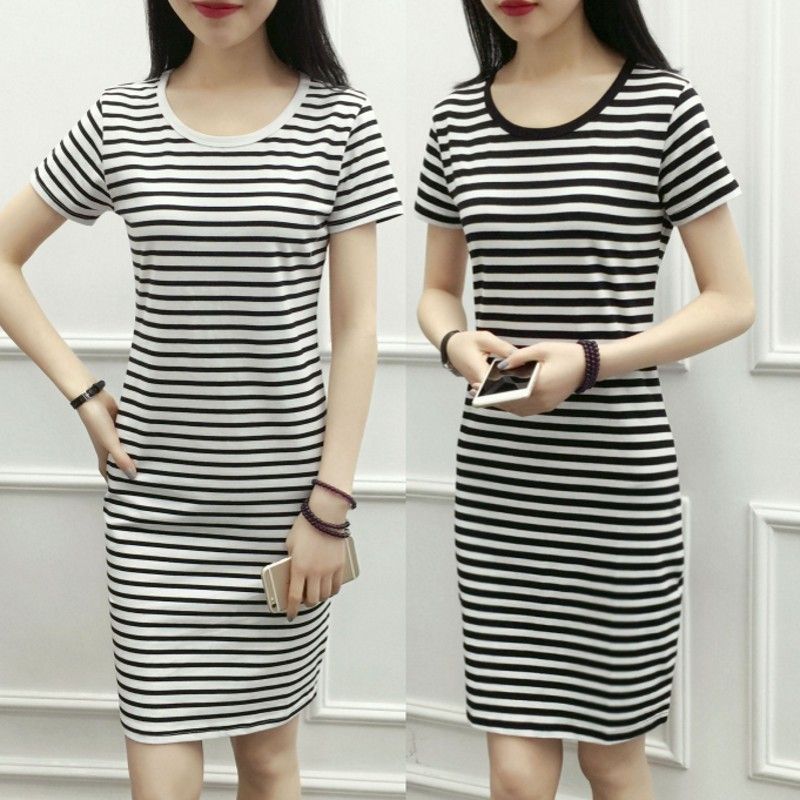 Long and medium length Korean striped versatile round neck slim bottomed short sleeve loose Black Slim dress