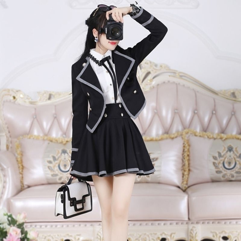 Black gray edge British suit skirt two-piece suit spring and autumn new women's clothing single piece/suit optional