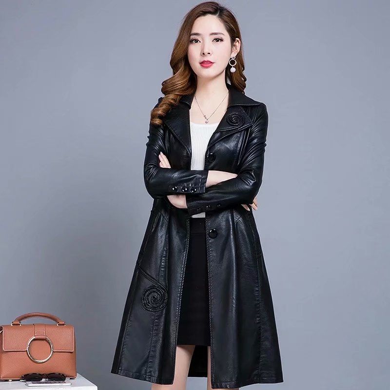 Leather windbreaker women's medium long style fall / winter 2020 new slim fit waist size women's leather coat women's PU leather coat