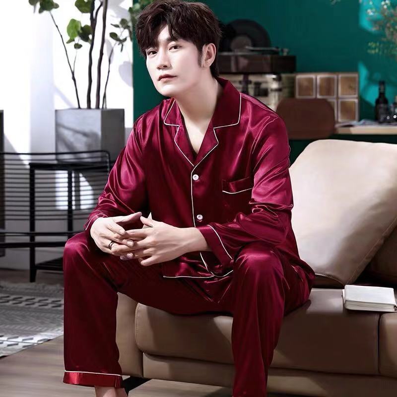 Korean version men's pajamas spring and autumn silk pajamas men's summer long sleeve trousers suit sexy short sleeve home clothes