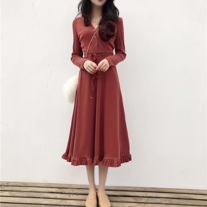 Autumn new medium and long skirt women's Korean version slim V-neck slim long sleeve waist bandage first love dress retro dress
