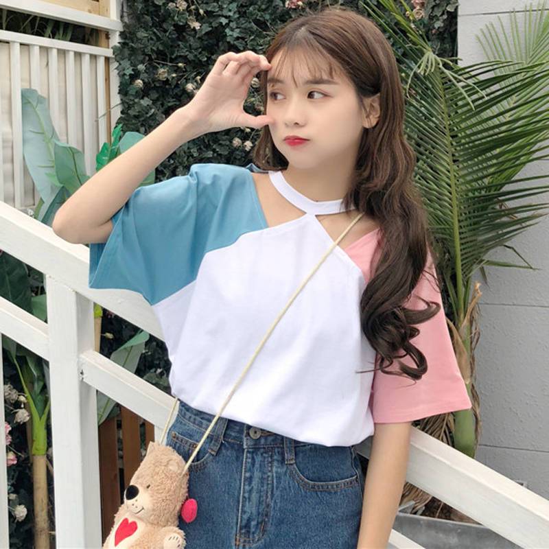 Cotton versatile student short sleeve top summer women's dress Korean version small sexy off shoulder loose Harajuku medium sleeve T-shirt fashion