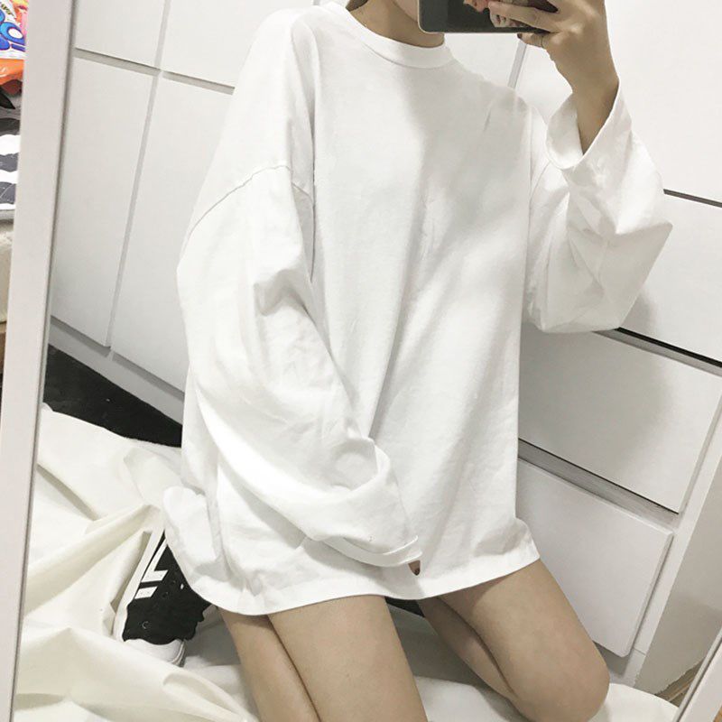 New long sleeve T-shirt women's loose student middle long spring and autumn Korean version versatile solid color base coat top