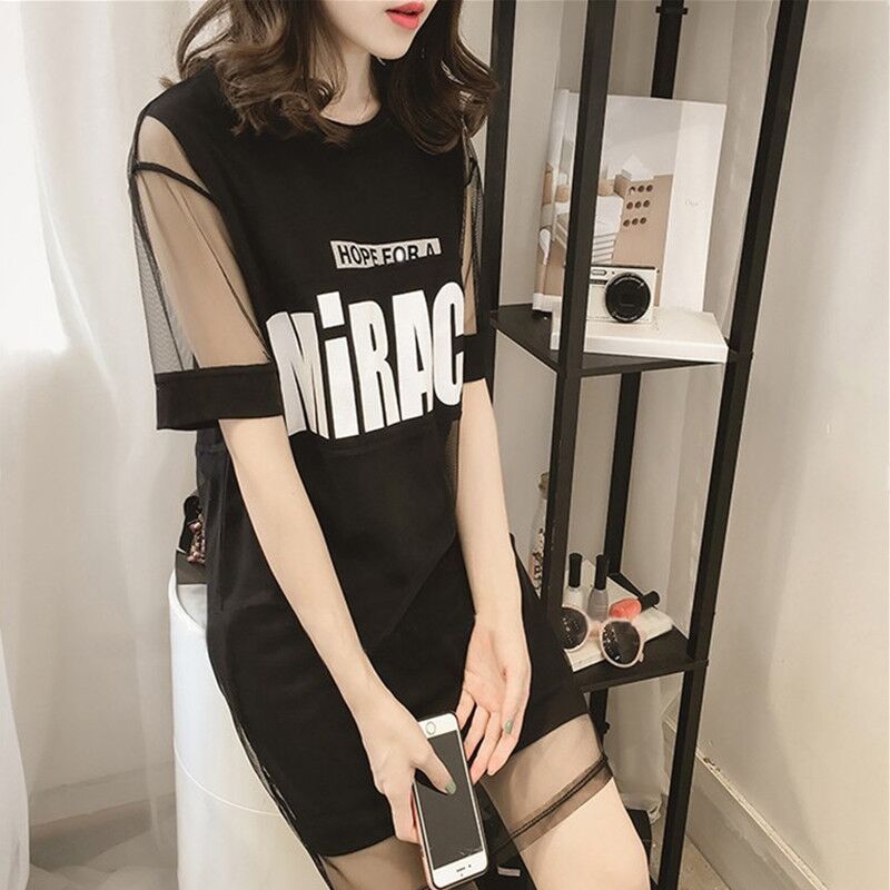 [two piece set] summer short sleeve mesh two piece dress solid color letter printing straight tube student dress
