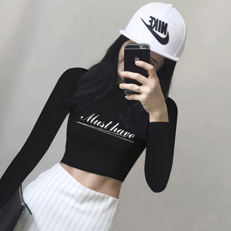 Early spring new tight-fitting t-shirt female students high waist exposed navel long sleeve inner slim top autumn black short t-shirt