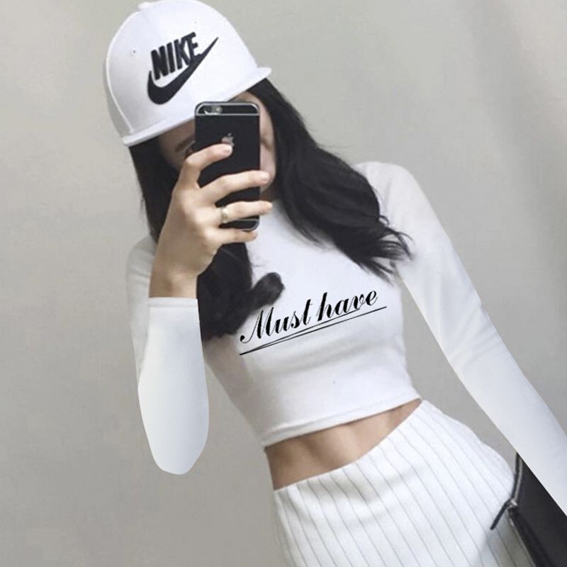 Early spring new tight-fitting t-shirt female students high waist exposed navel long sleeve inner slim top autumn black short t-shirt