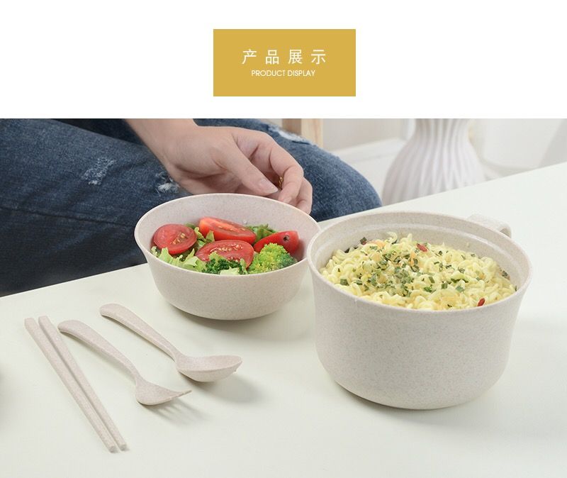 网红带盖泡面碗小麦秸秆学生宿舍家用吃饭筷叉勺方便餐具泡面套装