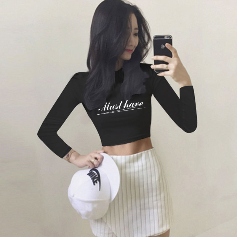 Early spring new tight-fitting t-shirt female students high waist exposed navel long sleeve inner slim top autumn black short t-shirt