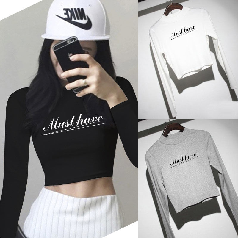 Early spring new tight-fitting t-shirt female students high waist exposed navel long sleeve inner slim top autumn black short t-shirt