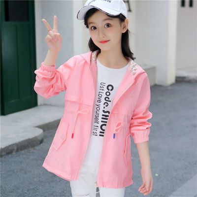 女童外套2023新款韩版中大童女孩休闲风衣春秋装中长款粉色上