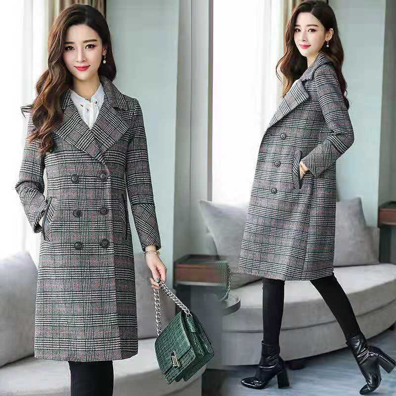 Cotton checked woolen coat women's middle and long mother's clothes Korean fashion large windbreaker middle aged women's autumn winter coat