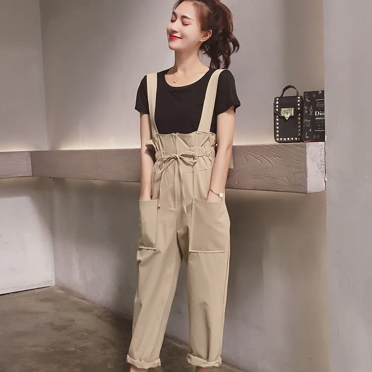 Hong Kong style retro chic work suit suspenders female students Korean casual one-piece pants wide leg pants suspenders fashion