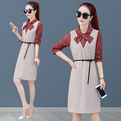 2019新款女装春装假两件连衣裙女春季显瘦韩版中长款针织裙子-拼多多