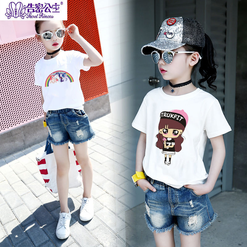 Summer middle and large children's Korean top girls' short sleeve printed t-shirt t-shirt round neck children's T-shirt cartoon bottoming shirt