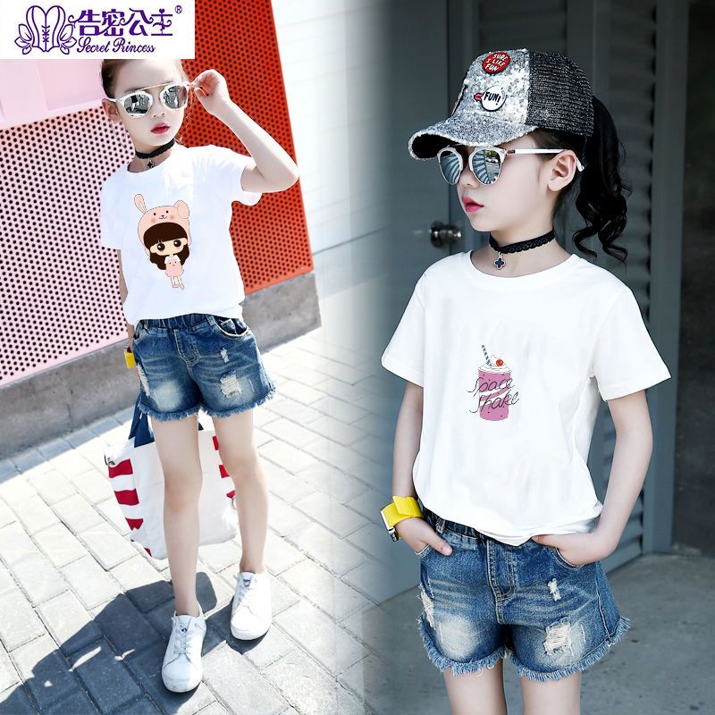 Summer middle and large children's Korean top girls' short sleeve printed t-shirt t-shirt round neck children's T-shirt cartoon bottoming shirt